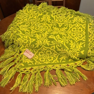Funda de cama vintage rara Dafra Abruzzesi verde y amarillo MCM flecos tejidos pesados Foto 1 de 4