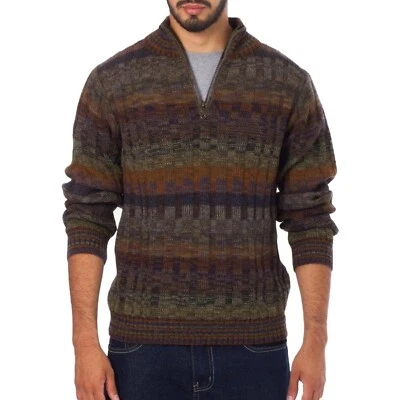 Suéter Pullover Novica Peruano Alpaca Rayas 1/4 Cremallera Talla L Tierra Neutro Foto 1 de 4