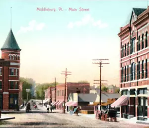 Middlebury Vermont Main Street Wagons Shops Postcard - Picture 1 of 3
