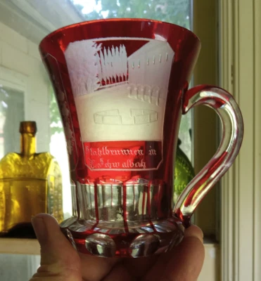 1880s RUBY CUT TO CLEAR BOHEMIAN ENGRAVED GLASS MUG STAHLBRUNNEN IN SCHALBACH - Image 1 of 4