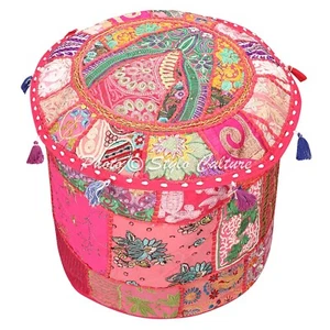 Indian Pink Patchwork Floor Pillow Decor Cotton Pouf Footstool Ethnic Room Decor - Picture 1 of 5