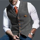 Mens Herringbone Tweed Vest Waistcoat Vintage Formal Notch Lapel Retro Vest