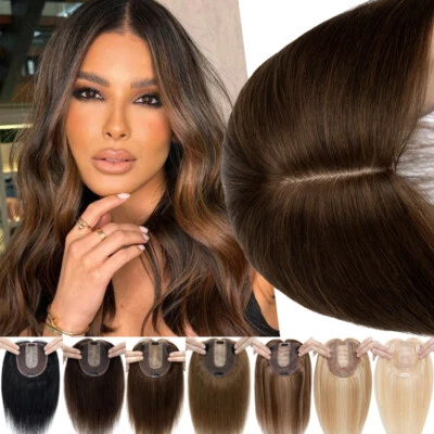 Invisible 100% Human Hair Silk Mono Base Women Topper Hairpiece Toupee Top Wig - Image 1 of 4