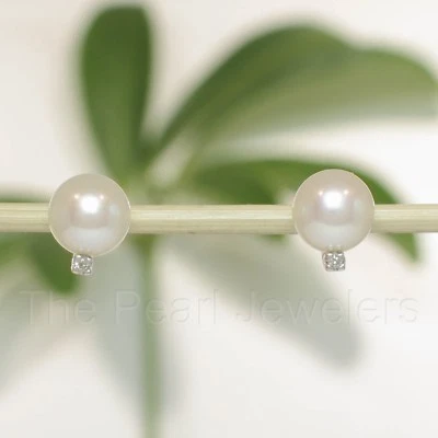 14k White Gold Diamond & White Pearl Stud Earrings - Image 1 of 4