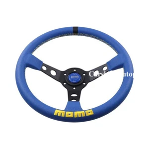 MOMO 350mm 14' Blue Perforated Genuine Leather Deep Cone Sport Steering Wheel - Picture 1 of 13