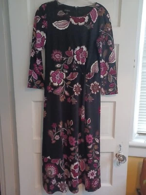 Talbots black floral jersey knit midi dress 2 twist/knot at waist party office  - Image 1 of 4