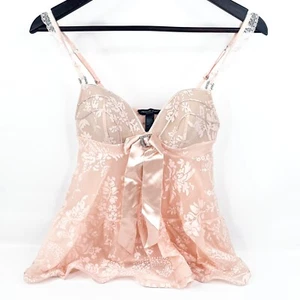 Pleasure State Babydoll Cami Size M Light Pink Jacquard Floral Rhinestone Bow - Picture 1 of 6