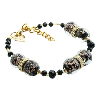 Murano Glass Bead Bracelet Black Gold Handmade Venice Italy - Image 1 of 4