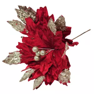 Red Velvet Poinsettia Christmas Flower Picks with Gold Glitter - Set of 6 - Picture 1 of 5