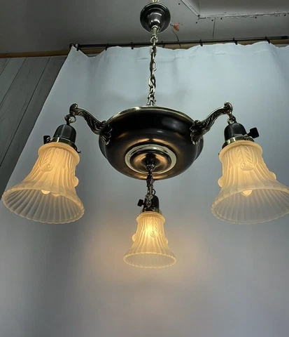 RESTORED Antique Vtg Arts Crafts Deco Victorian Brass Pan Chandelier Light 3 Arm Cover