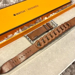 HERMES Apple Watch 38/40/41mm Fauve Leather Gourmette Band Double Tour with Box - Photo 1/8