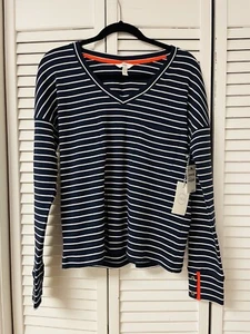 1901 Drop Shoulder Long Sleeve V-Neck Top, Navy Stripe Size S NWT - Picture 1 of 7