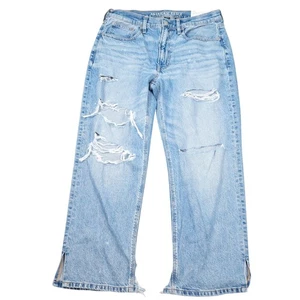 American Eagle Strigid Jeans Women 6X Short Blue Low Baggy Straight Distressed - Picture 1 of 16