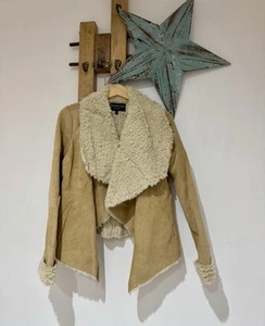 Centigrade Genuine Tan Leather SUede Open Front Waterfall Fur Lined Jacket S/M - Picture 1 of 5