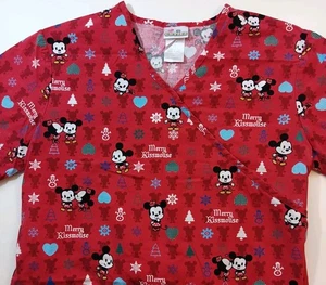 Disney Cuties Scrub Top "Merry Kissmouse" Mickey Minnie Mouse Medical Top Size S - Picture 1 of 11