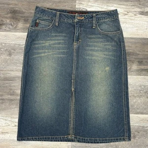 Vintage Y2K Mudd Mid Wash Blue Womens 7 Midi Pencil Front Slit Faded Denim Skirt - Picture 1 of 7