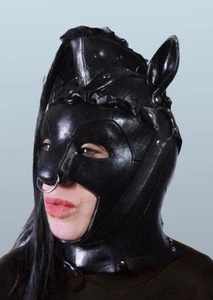 Pony Mädchen Latex Maske, schwarze weibliche Pferdehaube, BDSM Fetisch Maske - Bild 1 von 11