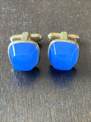 Vintage Hickok Signed Blue Lucite Trapezoidal Cut Gold Tone Cufflinks - Image 1 of 4