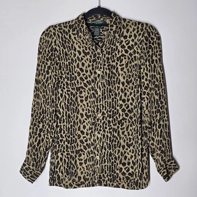 Lauren Ralph Lauren 100% 真丝豹纹女式衬衫上衣长袖 PS 码 — 第 1/4 张图片