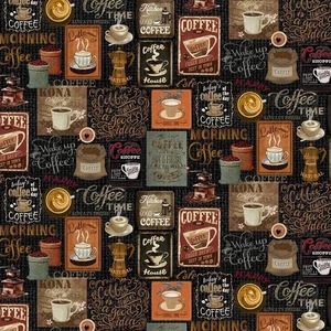 Timeless Treasures - Happiness In A Cup - Coffee Collage - Black, Fabric BTY - Picture 1 of 5