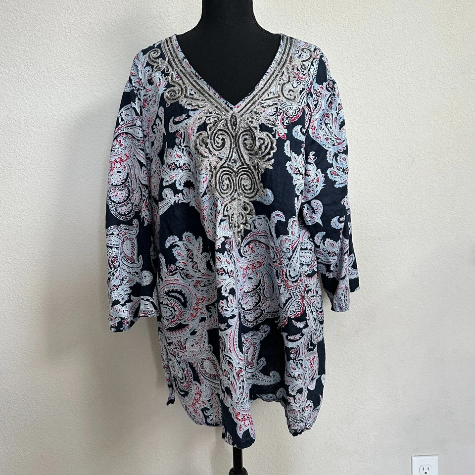 Blusa túnica Charter Club 3X Plus 100 % lino lentejuelas cachemira azul marino Lagenlook Foto 1 de 4