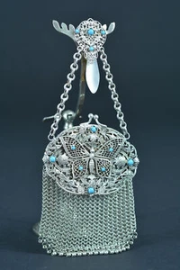 Borsa A Rete In Filigrana Con Farfalla In Turchese Gioiello Art Nouveau - Foto 1 di 11