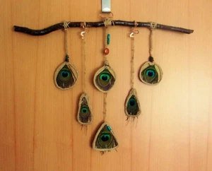 Krishna-Inspired Peacock Feather Wind Chimes Artistic Wood Branch Wall Décor NEW - Picture 1 of 12