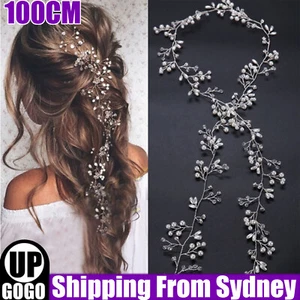 Women Crystal Pearl Headband Bridal Vine Headpiece Hair Wedding Headdress Chain - Picture 1 of 12