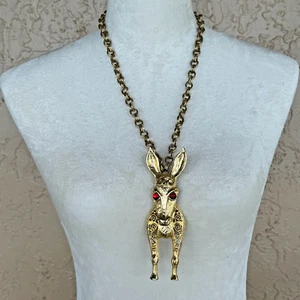 Vintage Delizza & Elster Juliana Gold Tone Donkey Pendant Red Lucite Cab Eyes - Picture 1 of 9