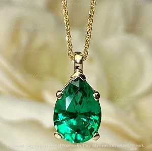 1.5Ct Pear Cut Lab Created Green Emerald Women's Pendant 14K Yellow Gold Plated - Picture 1 of 3
