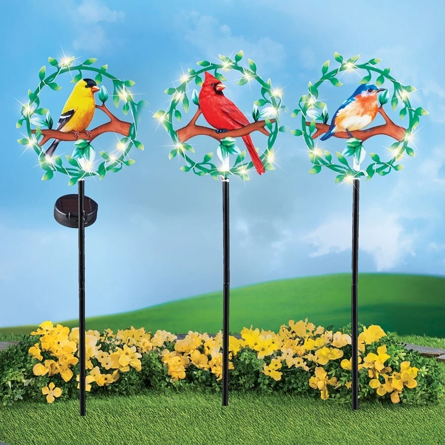 3 Solar LED Lighted Songbirds Perched On Branch Decorative Metal Garden Stakes - Image 1 of 1