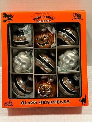 Christopher Radko Shiny Brite Halloween Ornaments - 2 Pumpkins 2 Skulls 5 Rounds - Image 1 of 4