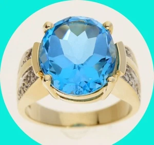 Diamond Blue Topaz Ring 9.10CT 14K Yellow Gold Size 6 ¾ - Picture 1 of 8