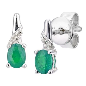 9ct White Gold Oval Emerald and Diamond 0.9cm Height Drop Earrings by Naava - Picture 1 of 5
