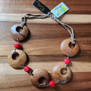 Wooded Choker Necklace Red Beads Round Wooden Hippie Boho Jewelry - Picture 1 of 3