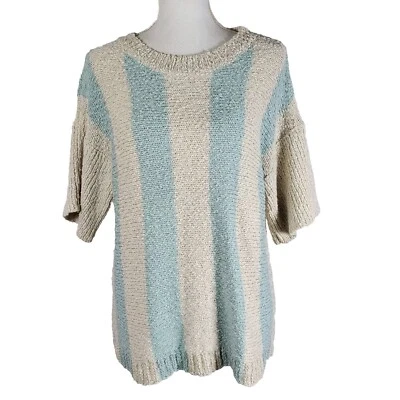 Suéter feminino cavalete manga curta listras verticais aquáticas e bege remix retrô tamanho M - Imagem 1 de 4