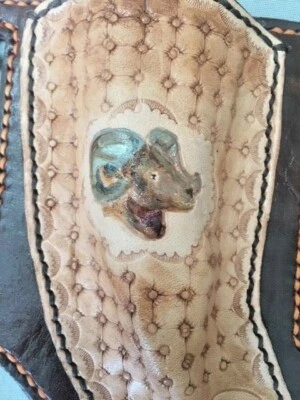 Folding KNIFE 'n Leather SHEATH - 4 the lefty RAM head - CUSTOM MADE by a vet~*~ - Image 1 of 4