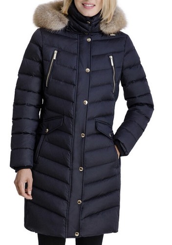 Cappotto imbottito Michael Kors con cappuccio pelliccia sintetica orlo piumino nero Petite PS $340