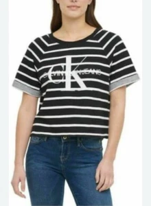 Calvin Klein Jeans Damen French Terry Logo Crop Top Shirt, Schwarz Kombi XL - Bild 1 von 7