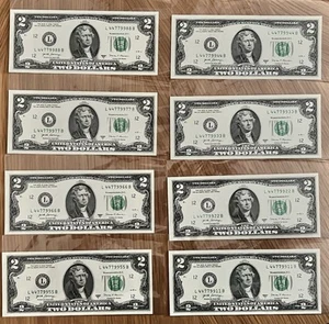 UNCIRCULATED & RARE FANCY SEQUENTIAL QUAD PAIRS DOUBLES 2 Dollar Bills (447799XX - Picture 1 of 5