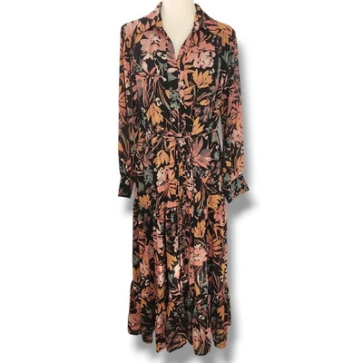 Maxi abito boheme M/L moody scuro floreale boho manica lunga bottoni davanti nero autunno - Immagine 1 di 4