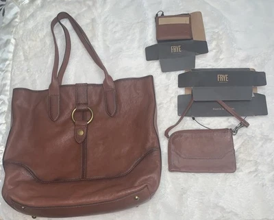 Новый набор 3 Frye коньяк сумка с короткими ручками кожи наплечная сумка с Ярлыками $428 кошелек с ремешком и карты чехол - Изображение 1 из 4