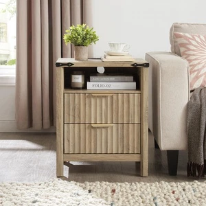 Brown Nightstand with Charging Station - 20 Inch Wide Farmhouse Fluted Bedsid... - Picture 1 of 6