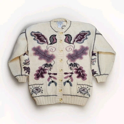 Vtg Norm Thompson 100% Wool Sweater Northern Isle Hand Knit Floral Kitsch Art Lg - Image 1 of 4