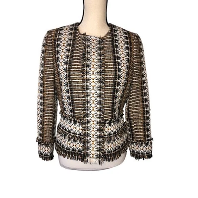 Chaqueta Tory Burch Jessica Tweed Talla 6 Blazer Broches Ocultos Flecos Marrón Negro  Foto 1 de 4