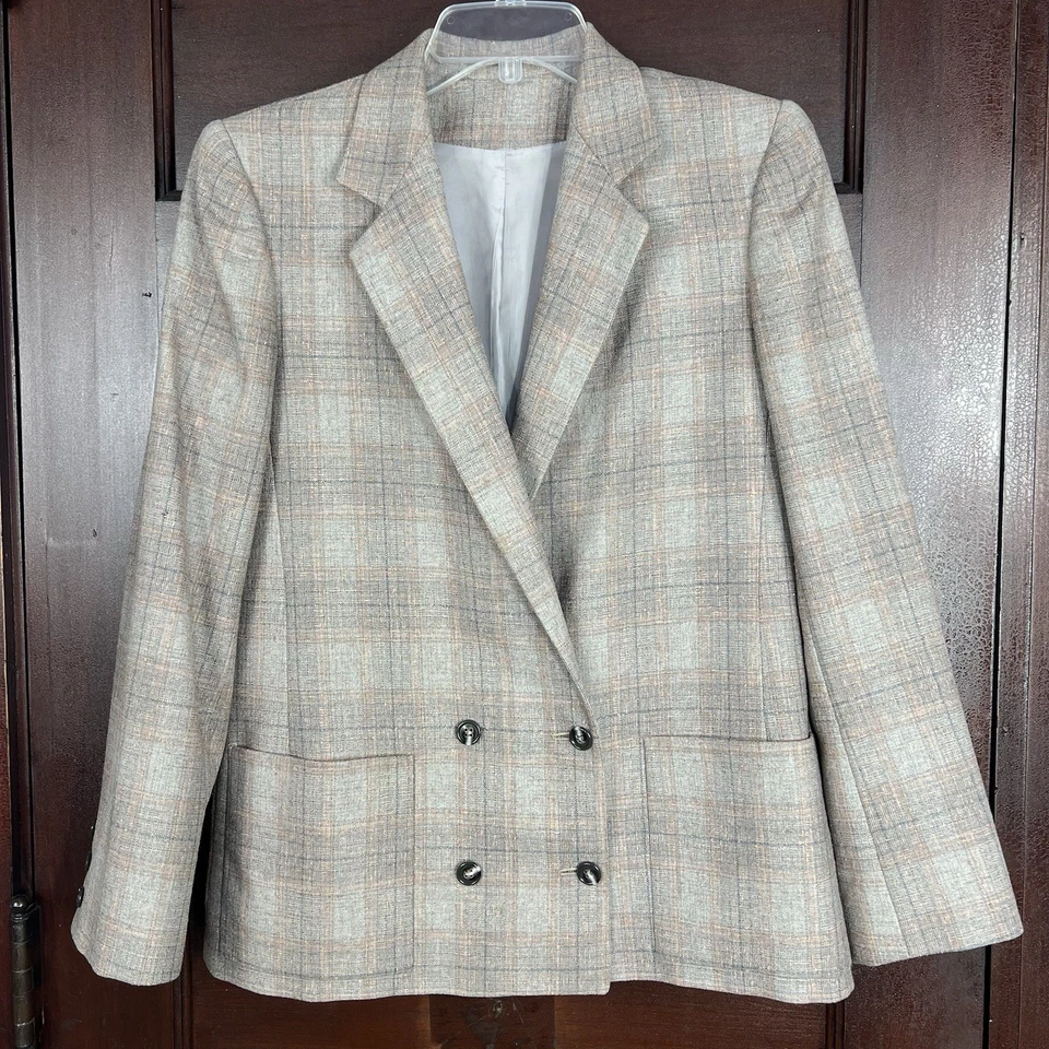 Personal Collections Blazer Women’s 8 Gray Pink Plaid Double Breasted Lined - Image 1 of 4