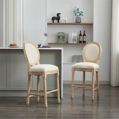  Set of 2 Classic French Country Wooden Barstools with Upholstered Seating-Beige - Image 1 of 4