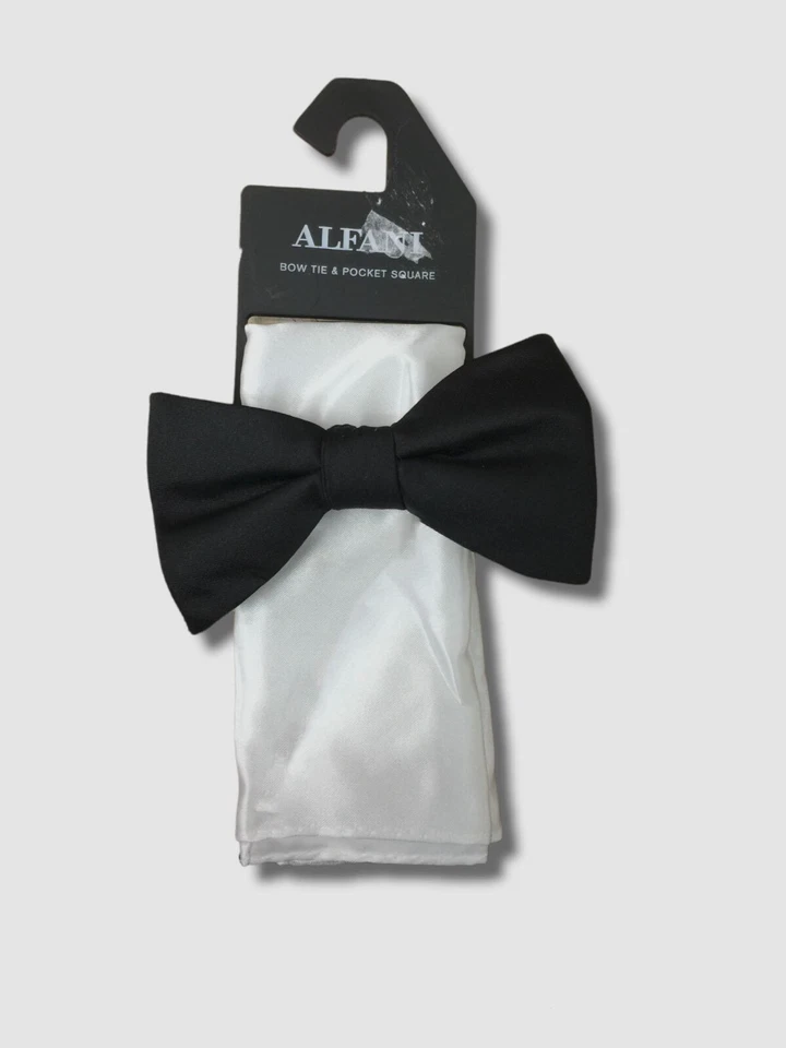 Alfani 男式黑色预绑领结白色口袋方形套装 — 第 1/1 张图片