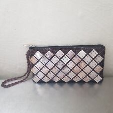 Clutch Purse Decorated with Brown Beads and Creamy Shell Squares