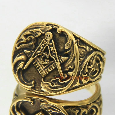 Men's Retro Gold Stainless Steel Masonic Freemason Square & Compass Ring - Image 1 of 4